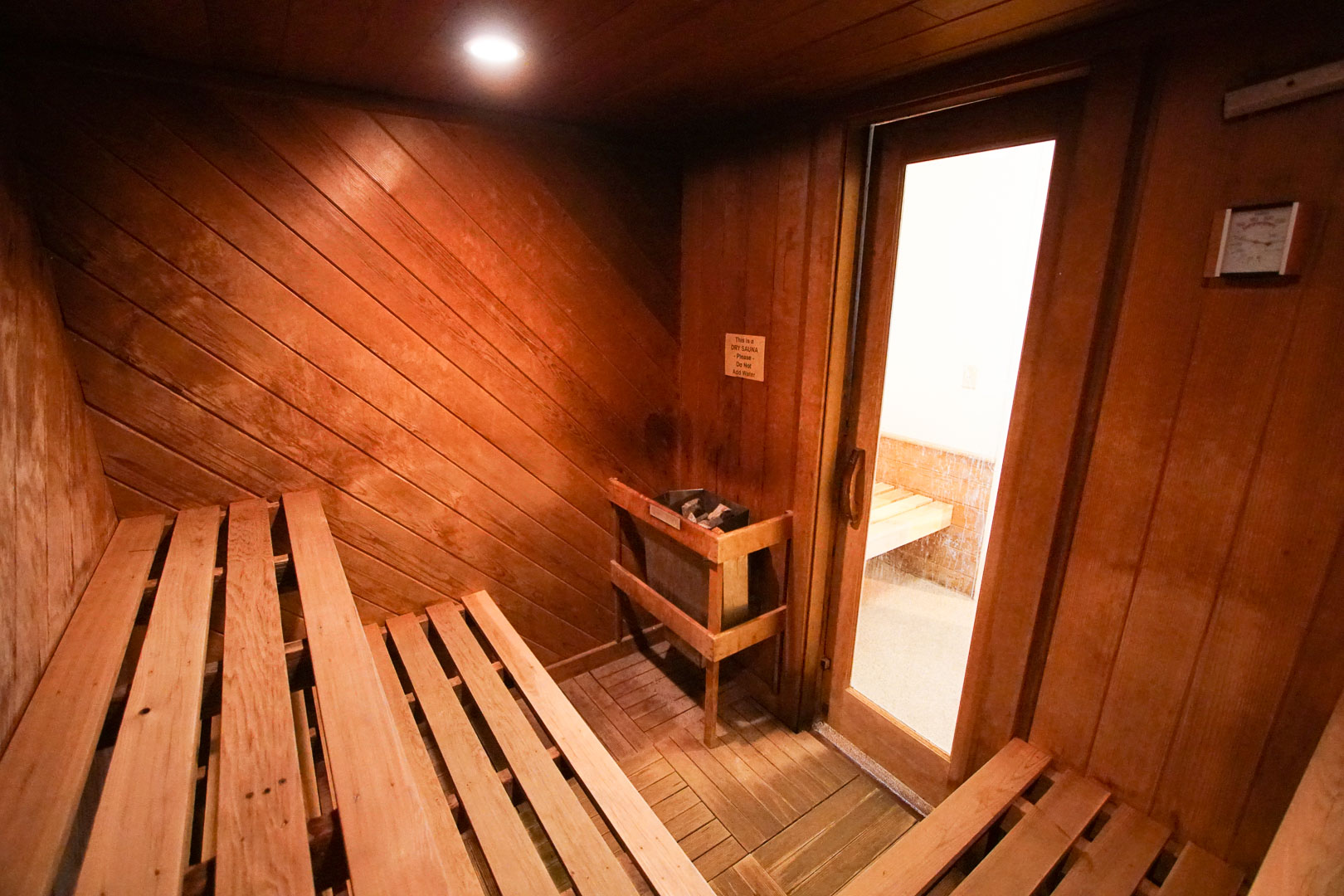 A relaxing hot sauna room at VRI's Brewster Green Resort in Massachusetts.